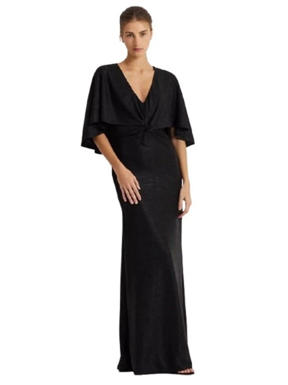 Lauren Ralph Lauren Dress Metallic Thread Twist Black V-Neck Cape-Sleeve Black 6